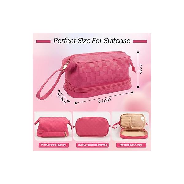 Abiudeng Large Capacity Makeup Bag Ladies Cosmetic Travel with Compartments Portable PU Leather Handle