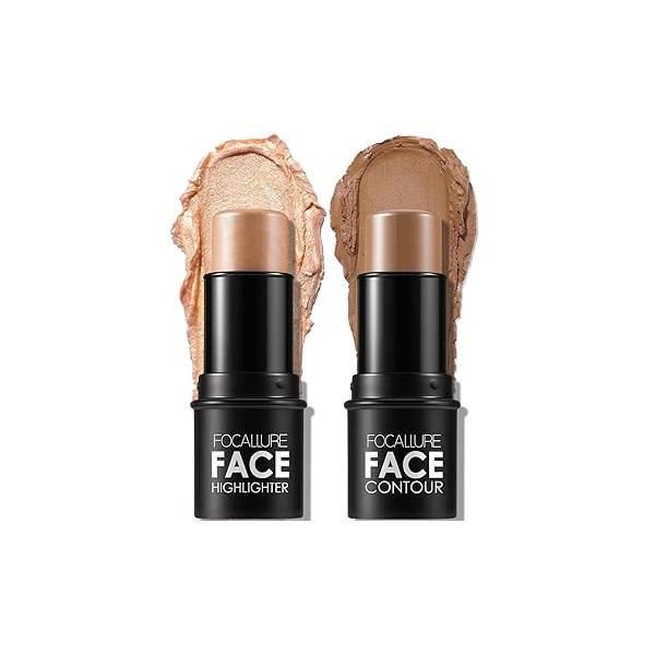 FOCALLURE 2 Pcs Mineral Cream Contour Stick,Moisturize Highlighter and Bronzer Pen,Non Stick Face Brightens & Shades Pencil,Long Lasting Smooth Gliding Illuminator Makeup,Light-medium