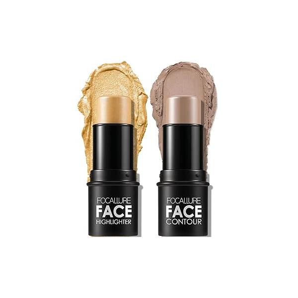 FOCALLURE 2 Pcs Mineral Cream Contour Stick,Moisturize Highlighter and Bronzer Pen,Non Stick Face Brightens & Shades Pencil,Long Lasting Smooth Gliding Illuminator Makeup,Light-medium