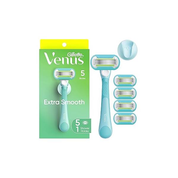 Gillette Venus Extra Smooth Women's Razor with Reusable Handle, 5 Blade Refills and Shower Holder