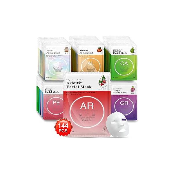 VESPRO Collagen Essence Sheet Facial Masks (48 Pack), Bulk for Face, Skincare All Skin Types, Moisturizing and Soothing, Natural Care Spa Face Mask