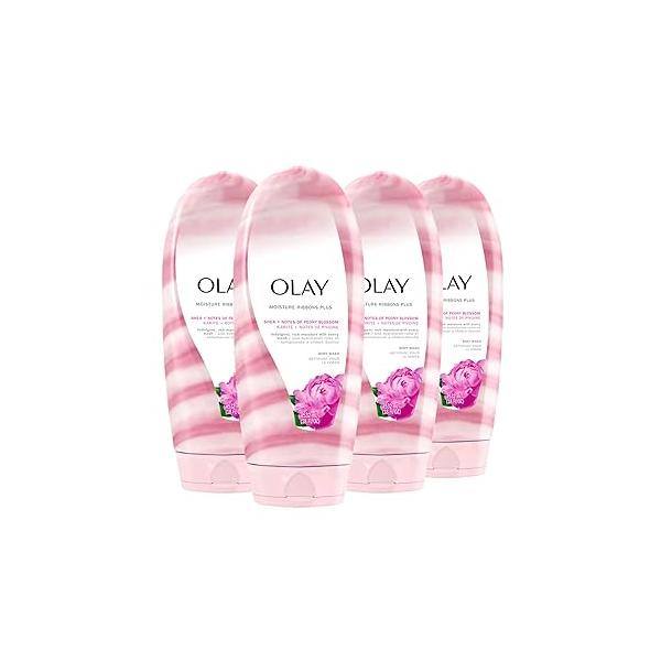 Olay Body Wash for Women, Moisture Ribbons Plus, Deep Conditioning & Moisturizing Formula, Long Lasting Smooth Soft Skin, For All Skin Types, Shea Butter Peony Blossom Scent, 18 fl oz (Pack of 4)