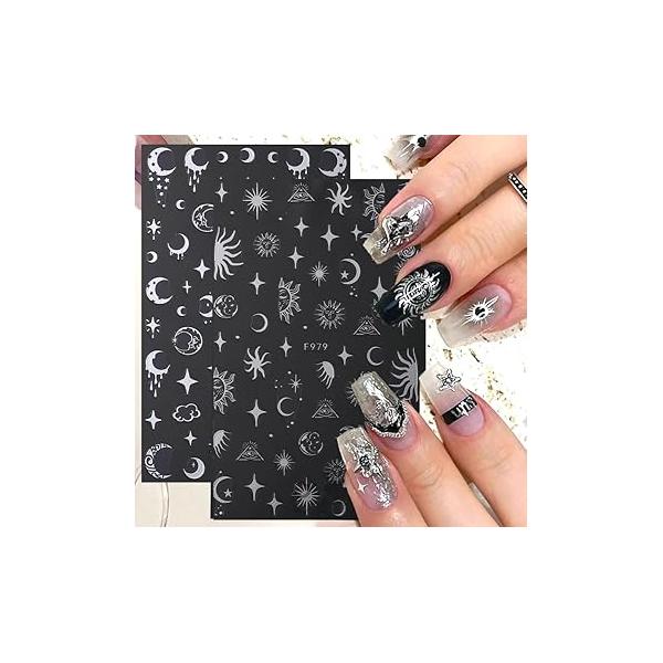 6 Sheets Silver Nail Art Stickers Sun Star Self-Adhesive DIY Decals Moon for Cute Cat Snake Design Decoration Women Manicure Accessories Charms