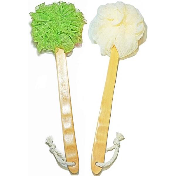 Shower Loofah Body & Back Scrubber - Exfoliating Bath Brush On a Stick with Long Wooden Handle for Men Women Easy Reach Wash Lotion Applicator（ 2 Pack- White&Green）