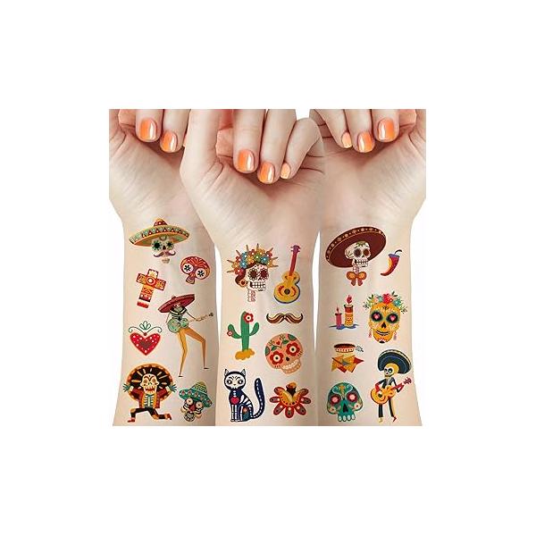 65 Pieces Mexican Day Of The Dead Temporary Tattoos for Kids, Sugar Skull Guitar Floral Skeleton Cactus Tattoo Stickers Halloween Decorations Dia de Los Festival Carnival Party Favor Supplies