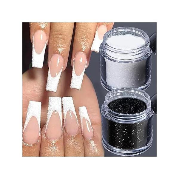 Superfine French Silver Gold Nail Chrome Powder Set Black White Snow Design Sugar Effect Glitters Pigment Dust Kit Manicure Accessories DIY Crafts (2 Bottles)