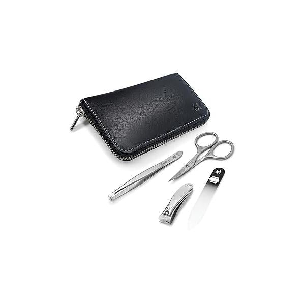 GERMANIKURE 4pc Travel Manicure Set - FINOX Stainless steel tools handmade in Solingen Germany: Nail clipper, Cuticle scissor, Tweezer, Glass file Leather Case