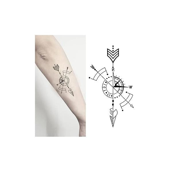 Small Cute Temporary Tattoo Sticker Set of 2 - Minimalist Geometric Arrow Line Compass Designs for Hand Neck Face Wrist, Waterproof Fake Body Art, Simple & Modern Unisex Skin Decals
