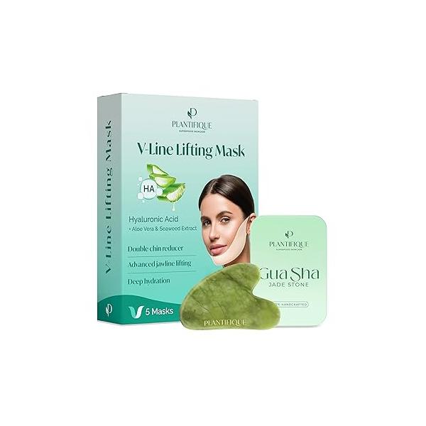 PLANTIFIQUE Gua Sha Facial Tools - Massage Tool Jawline Sculptor and V-Line Collagen Mask for Face 5 PCS, Chin Strap Women & Men, V Line Lifting with