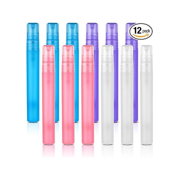 Mini Portable Spray Bottles, Refillable Perfume Bottle Travel Size Small Empty Sample Container Plastic Frosted Atomizer for Makeup Water Hair(12Pcs, 10ml/0.34 oz)