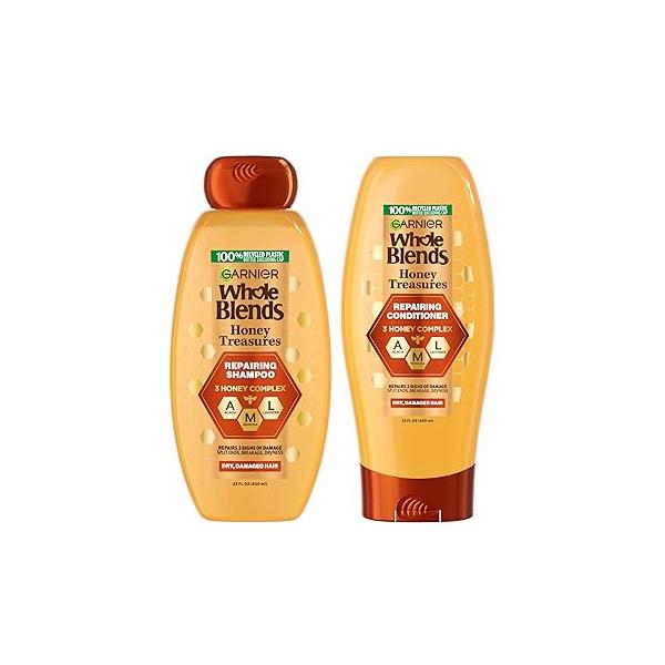 Garnier Whole Blends Honey Treasures Repairing Shampoo and Conditioner Set for Dry, Damaged Hair, 22 Fl Oz (2 Items), 1 Kit (Packaging May Vary)