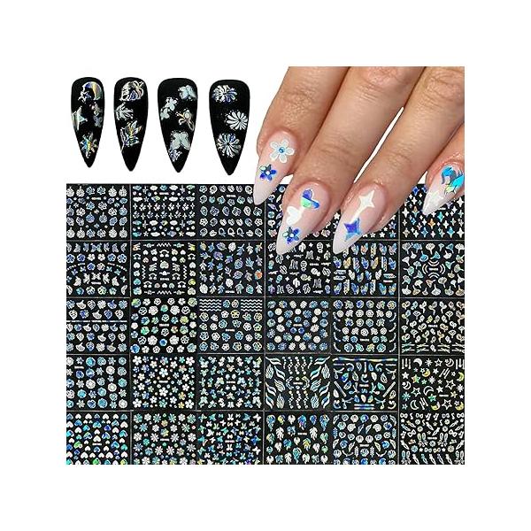 30 Sheets Gold Nail Stickers - French Tip Line Art 3D Self-Adhesive Geometric Star Letter Decal for Women