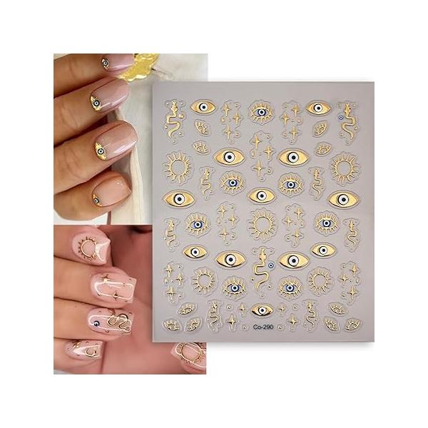 Gold Evil Eye Nail Stickers 5D Embossed Decals Self-Adhesive Art Supplies Manicure for Nails Decoration (Style-11)