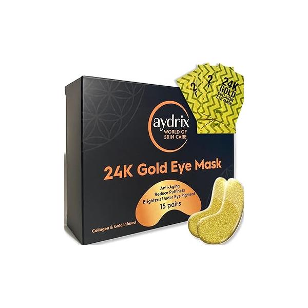 24K Gold Under Eye Mask Treatment - Corrects Puffy Eyes, Dark Circles Reduces Wrinkles, Fine Lines and Hydrates Your Skin 15 Golden Pairs