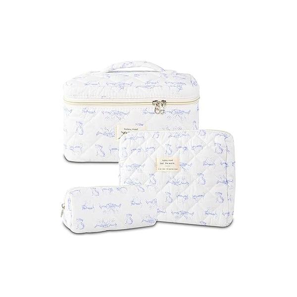3Pcs Makeup Bag Cotton Quilted Travel Cosmetic Cute Floral Pouch Large Toiletry for Women Girls (Bow-Pink4)
