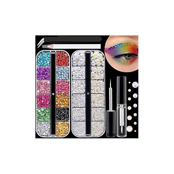Colorful Face Gems for Makeup Set, Flatback Gorgeous Charming Shining AB Glass with Glue, Tweezer, Picker Pencil Eye Body Hair Make-up and Nail Art Deco