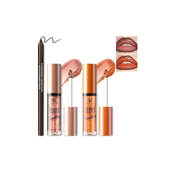 2 Colors Nourishing Lip Gloss Hydration Non-Sticky Plumping Kit for Women, Natural Nude Tinted Glow Oil Moisturizing Lightweight Long Wear Shiny Liquid Lipstick with Liner Combo