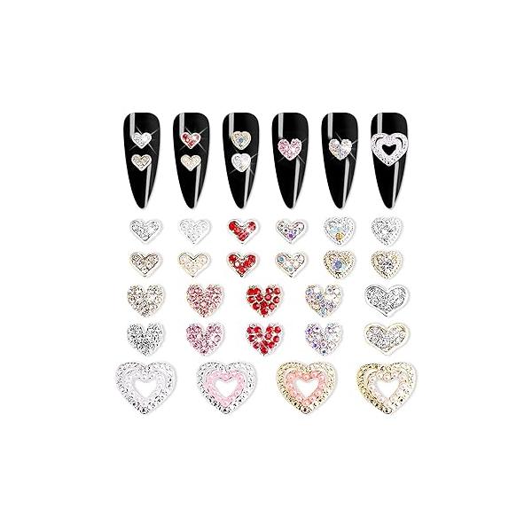 26 Pieces 3D Heart Nail Charms for Art Nails Silver and Gold Gems Rhinestones Love Crystals Diamonds Alloy Decorations Women