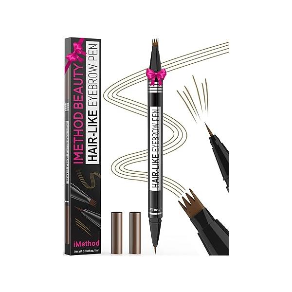iMethod Microblading Eyebrow Pen - Pencil Magical 2-in-1 Dual-Ended Eye Brow Pencils for Women with 4-Fork-Tip & Precise Brush-Tip Create Natural Hair-Like Brows, Last All-Day, Light Brown
