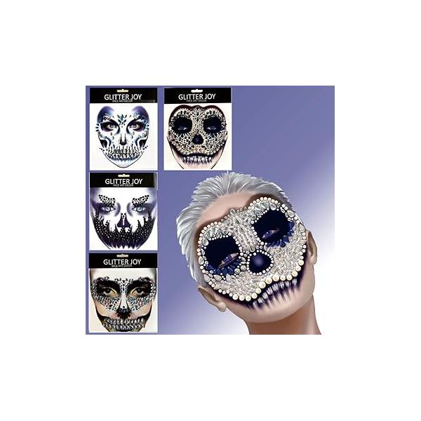 Halloween Face Jewels Gem, 4 Sets Sugar Skull Tattoos Stickers Self-Adhesive Stick on Crystal Rhinestones Rave for Party Festival Accessories Makeup Kits