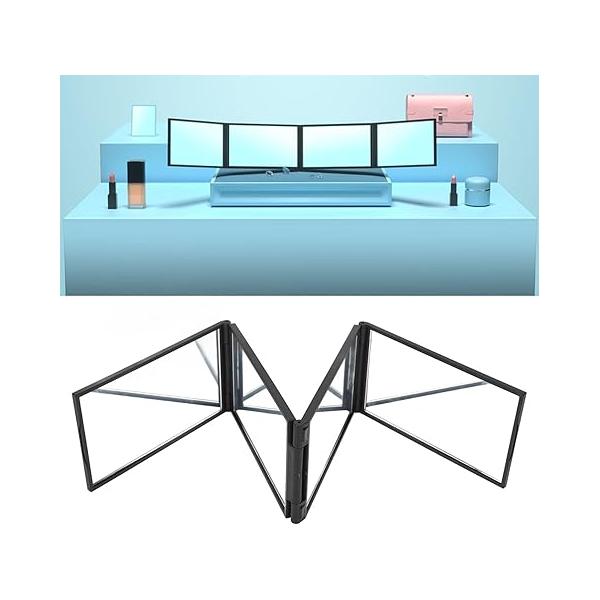 4 Way Mirror, Panel Expandable Mirror 360 Degree Handheld Desktop Portable Foldable Makeup Mirror,Plastic Frame Multi Faceted for Self Hair Cutting