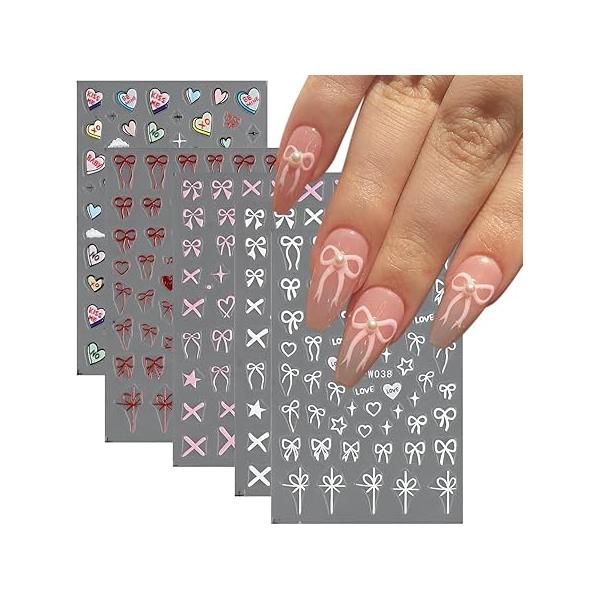 5D Embossed White Flowers Nail Stickers, 5 Sheets Self-Adhesive Floral Decals, Spring Rose Butterfly Art, 3D Acrylic for Manicure Decor