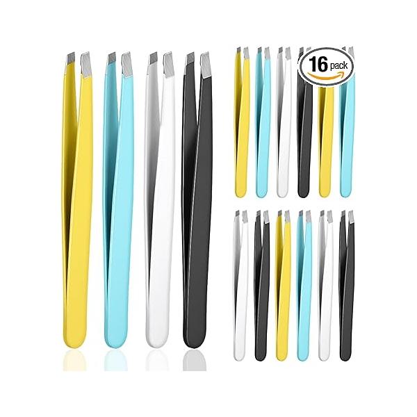 Flat-mouthed Eyebrow Tweezers for Women, 16 Pcs Stainless Steel Slant Mini Tweezer Set Facial Hair Small Precision Men Women Ingrown Removal (Black, White, Blue, Yellow)