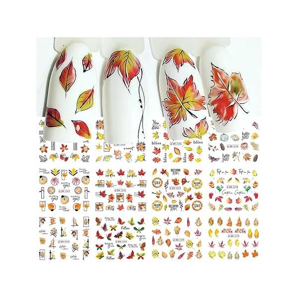 Fall Autumn Yellow Maple Leaf Nail Art Stickers 12 Sheets Water Transfer Decals Pumpkin Mushroom Slider Foil Design Supplies Accessories for Women Girl DIY Decoration