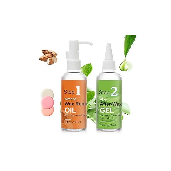 After Waxing Skin Care Kit, Almond Oil For Remove Wax Residue, Post Cooling Aloe Vera Gel Calm and Soothing Skin, 2 Bottles Hair Removal Kit for Women 3.9oz/100ml