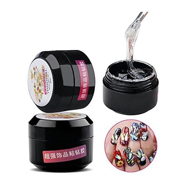 Nail Art Rhinestone Glue Super Sticky 8ml Gem Gel Manicure Polish Adhesive Builder Decoration (UV Light Cure Needed) with Tray Shiny Stone and Paiting Pen