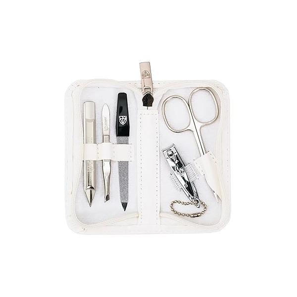 3 Swords Germany - brand quality 5 piece manicure pedicure grooming kit set for professional finger & toe nail care scissors clipper genuine leather brown case in gift box, Made