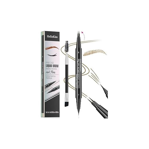 9708 2-Tip Double-Ended Eyebrow Pen, 2-in-1, with Brush. Waterproof and Sweat Proof,Precise Liquid Brow, 5 Shades, Long-Lasting(5#Black)