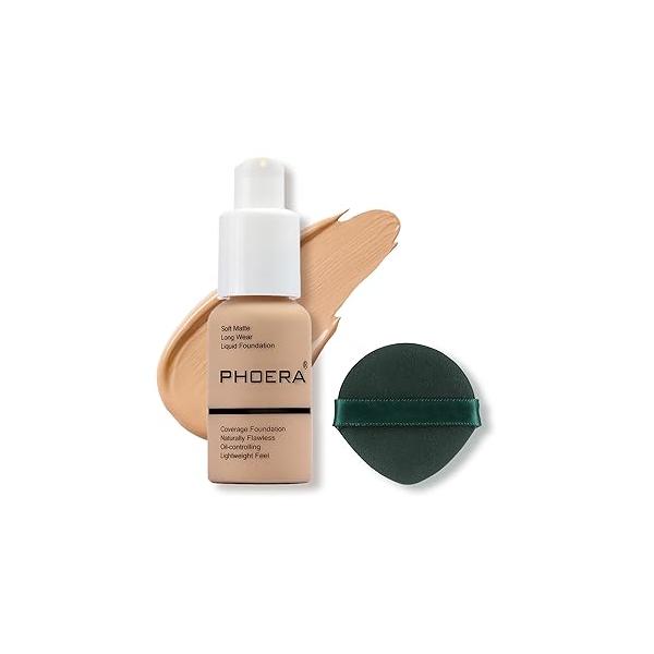 PHOERA Foundation Makeup, Flawless Soft Matte Oil Control Liquid Foundation, Full Coverage Mattle Oil-Control Concealer for Older Women, Great Choice For Gift (#102 Nude)