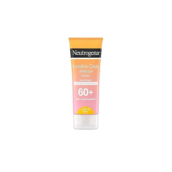 Neutrogena Invisible Daily Sunscreen Lotion, Broad Spectrum SPF 60+, Oxybenzone-Free & Water-Resistant, Sun or Environmental Aggressor Protection, Antioxidant, 3 Fl Oz (Pack of 1)