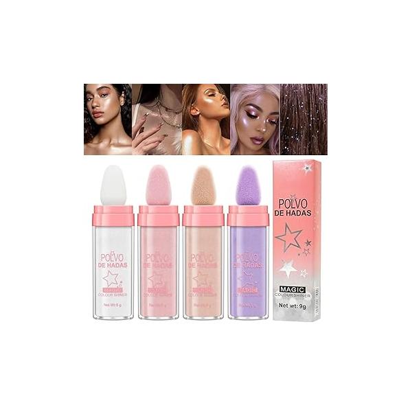 URQT 4 Color Polvo De Hadas Fairy Dust Highlight Patting - Full Body Contouring and Clavicle Pearlescent Powder for Face Eye, Christmas Sparkling Glitter (4 Pack)