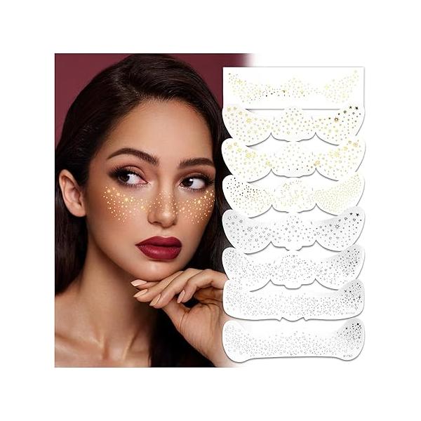 8Pcs Glitter Freckles Face Tattoo Gold Sparkle Speckles Patches Cute Waterproof Temporary Tattoos for Women Girls Stardust Beauty Makeup Accessories Music Party Holiday