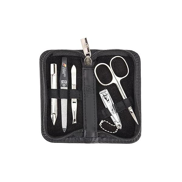 3 Swords Germany - brand quality 5 piece manicure pedicure grooming kit set for professional finger & toe nail care scissors clipper genuine leather brown case in gift box, Made