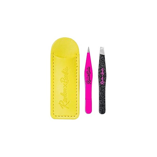 Revlon x Barbie Mini Tweezer Set, Stainless Steel Hair Removal Makeup Tool, includes Slant Tip & Pointed Tweezers in Travel Case