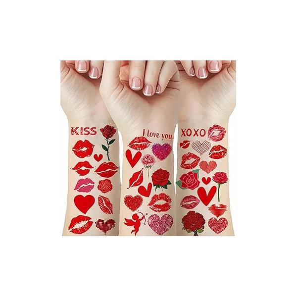 Valentines Temporary Tattoo Stickers Red Heart Lips Easy Use Water Transfer Tattoos Waterproof for Day Party Makeup Art Decor 10pcs