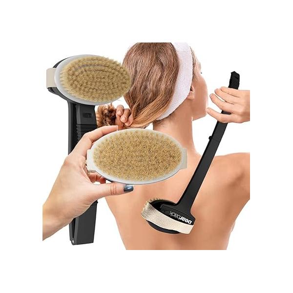 Bearback Dry Brushing Body Brush with Natural Bristles - Premium Exfoliating for Shower or | Long Folding Handle, Removable Head