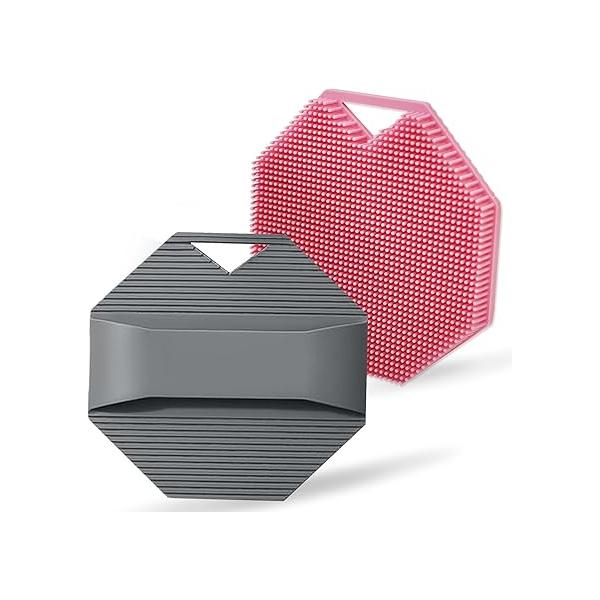 2 Pack Silicone Body Scrubber, Exfoliating Scrubber for Sensitive Skin, Loofah with Anti-Slippery Handle, Stays Clean Easily, Travel-Friendly Men & Women (Gray + Purple)