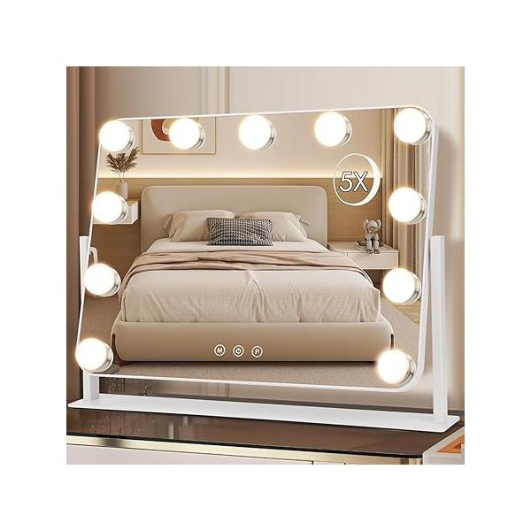 360° Vanity Mirror with Lights 11 Led Bulbs Hollywood Lighted Makeup 5X Magnification Cosmetic Tabletop 3 Lighting Modes 16x13 Inch