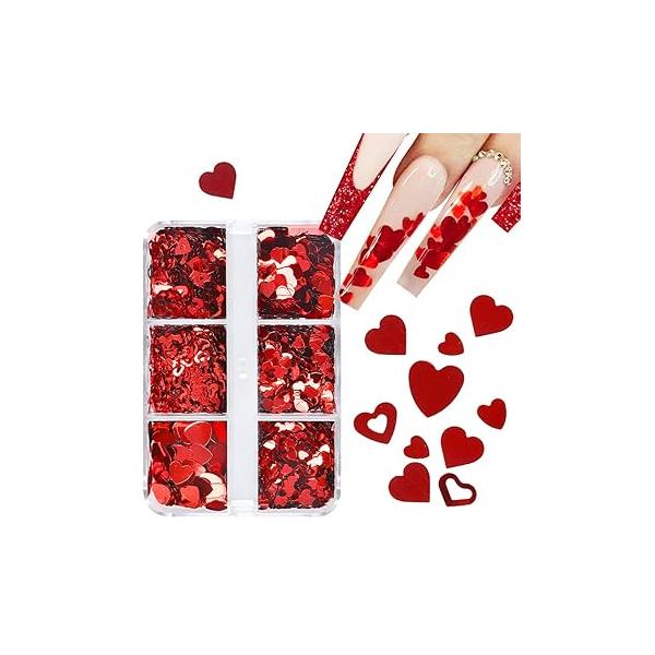 6 Grids 3D Heart Nail Sequins Valentine's Day Art Stickers Decals Laser Glitter for Nails Romantic Glitters Flakes Acrylic Design Sparkle Decorations