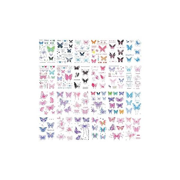 24 Sheets Butterfly Temporary Tattoos - 180+Styles Watercolor Fake for Women Girls Kids Body Face Waterproof Long Lasting Birthday Party Decorations Festival Supplies