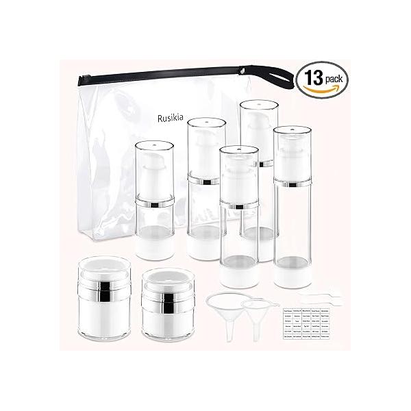 13 Pack Travel Size Containers, 1.7/1/0.5oz Clear Airless Pump Bottles, Makeup TSA Approved Skincare Empty Bottles Leak Proof Refillable Jars for Toiletries, Lotion, Liquid, Cream