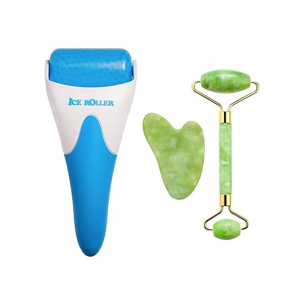 3-in-1 Natural Jade Roller and Gua Sha Set for Face Eye Ice Facial Cooling Massage