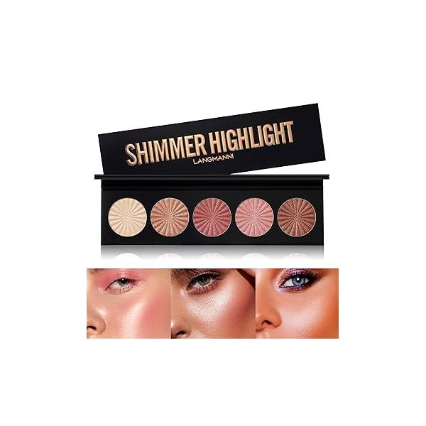 Highlighter Powder Palette, Makeup Palette Facial Bronzers Illuminator Baked Waterproof Long Lasting Brilliant Lighten Skin Color (5 Color, 1 Count (Pack of 1))