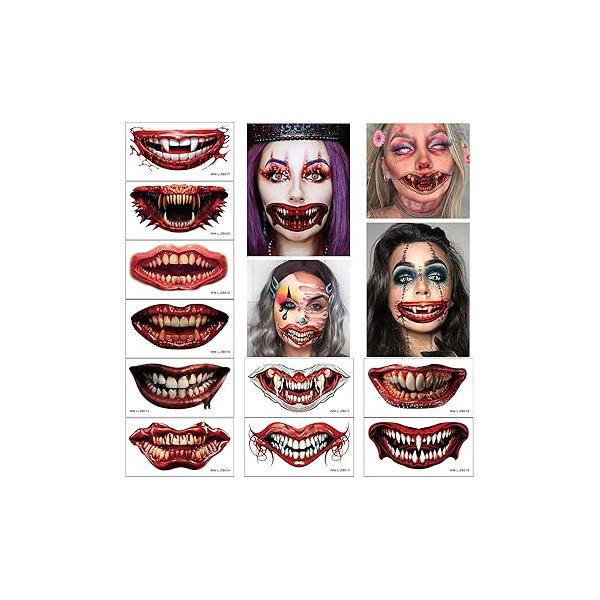 Halloween Clown Horror Mouth Tattoo Stickers 10 Sheets Gothic Face Sticker Temporary Fake Tattoos for Adults Prank Makeup Paper Party Favors