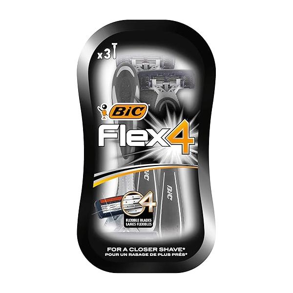 Bic Flex 4 Comfort Men's Razors - Pack of 3 Disposable 4-Blade Razor with Lubricating Strip for A Smooth And Precise Shave