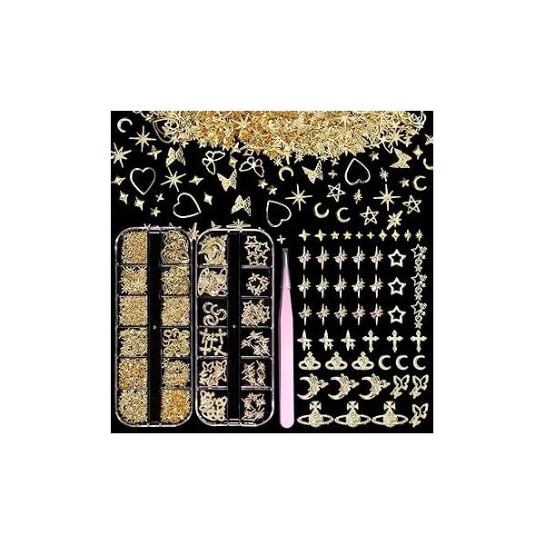 2 Boxes 300 Pcs Gold Nail Charms, Cherry Bows Star Heart Crosses Butterfly Crown Multi Shapes Golden Art Studs, Y2K Charms for DIY